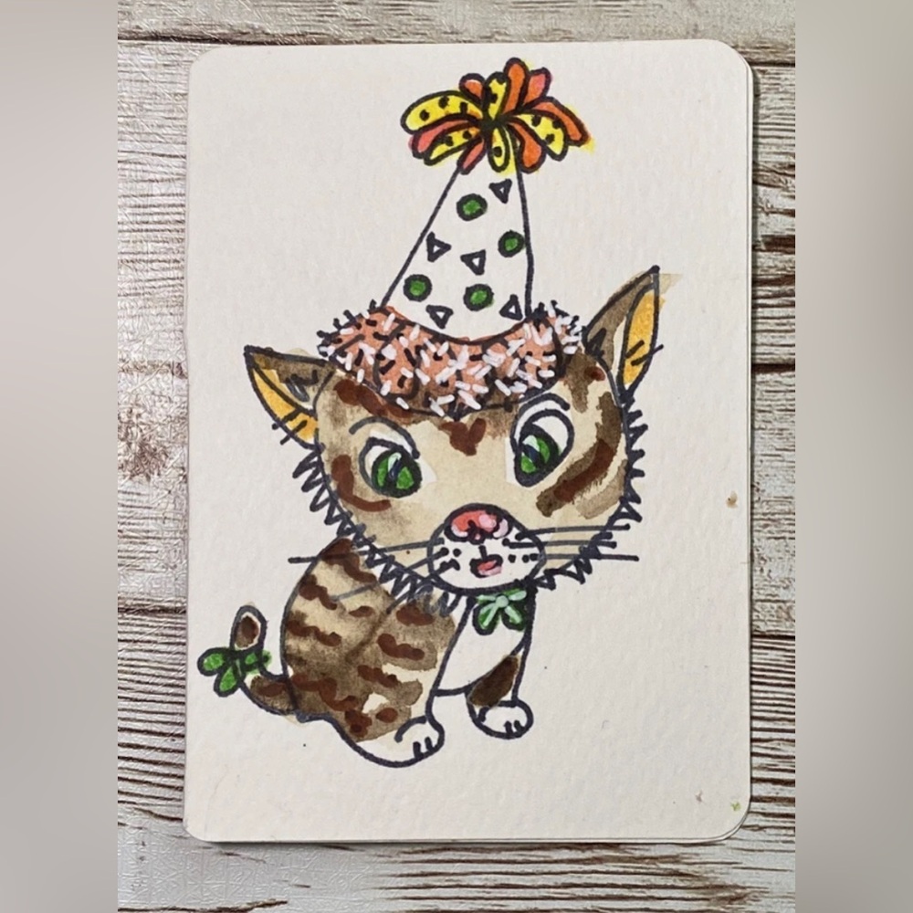 ACEO Original Art Card FIRST PARTY 2.5 x 3.5" SILLY CAT Series ATC Card #6